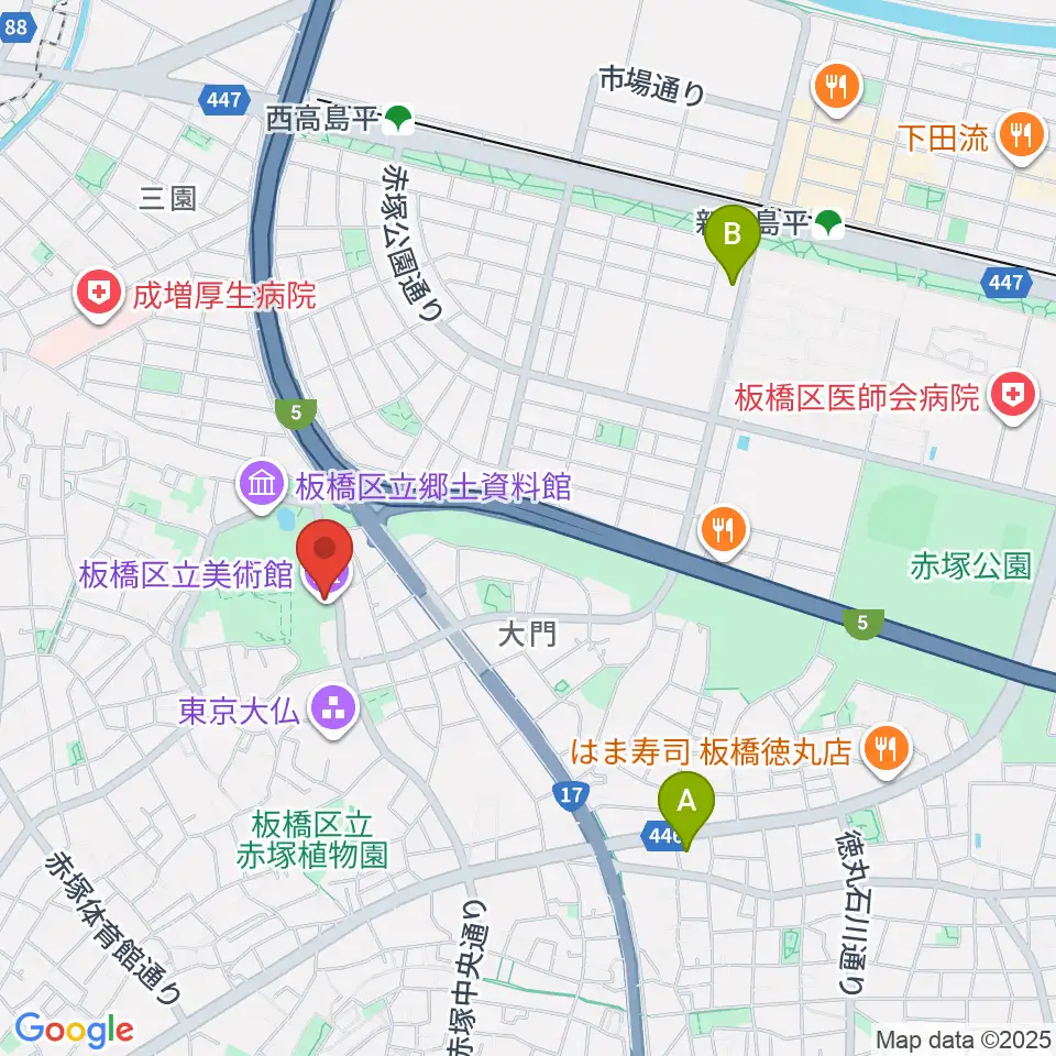 板橋区立美術館周辺のカフェ一覧地図