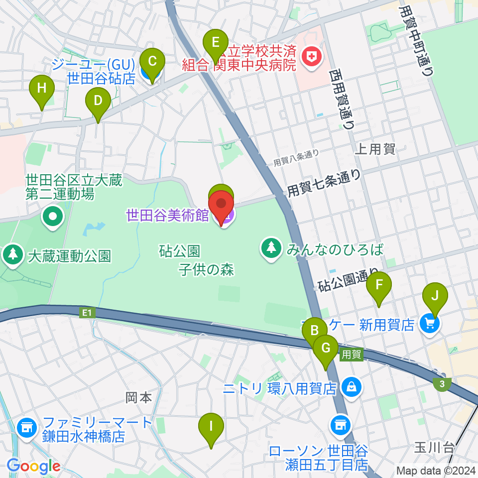 世田谷美術館周辺のカフェ一覧地図