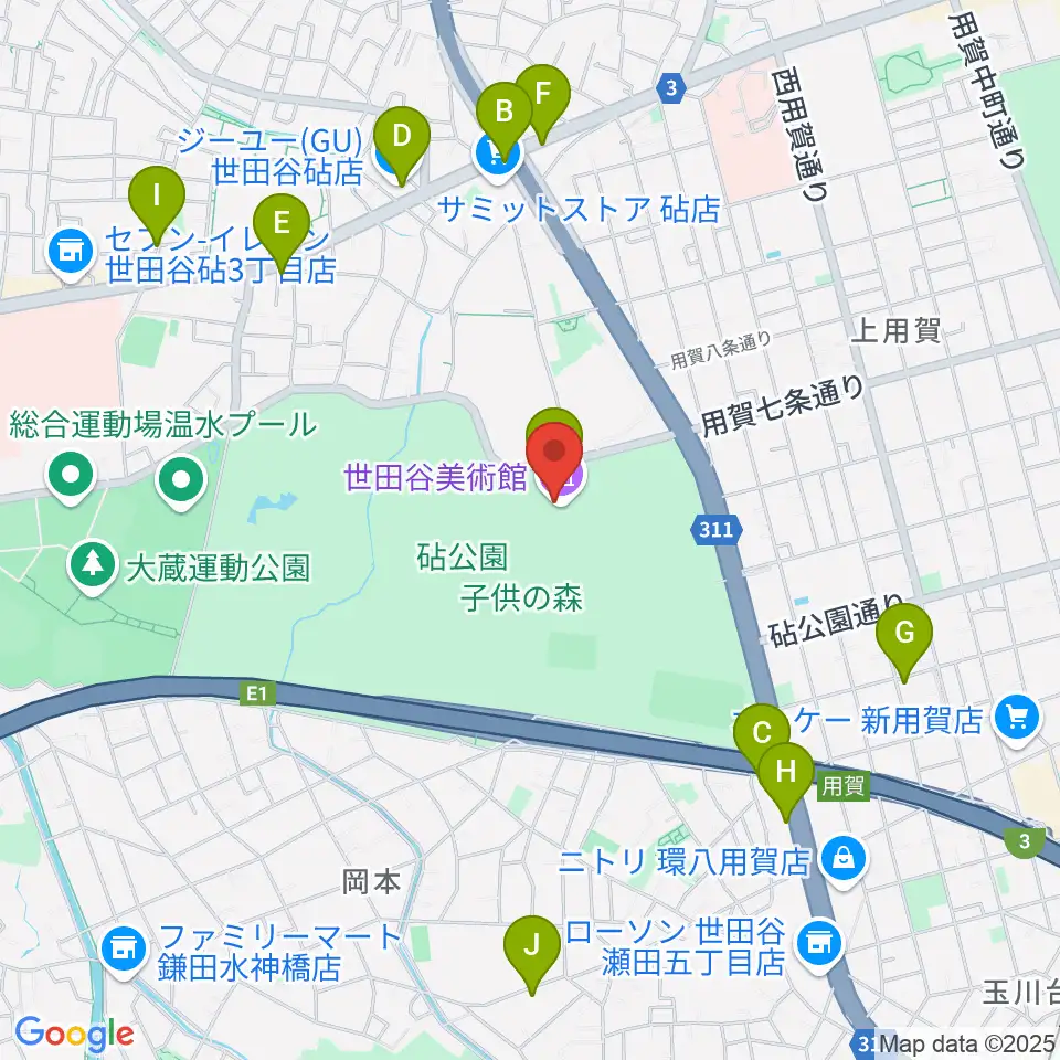 世田谷美術館周辺のカフェ一覧地図