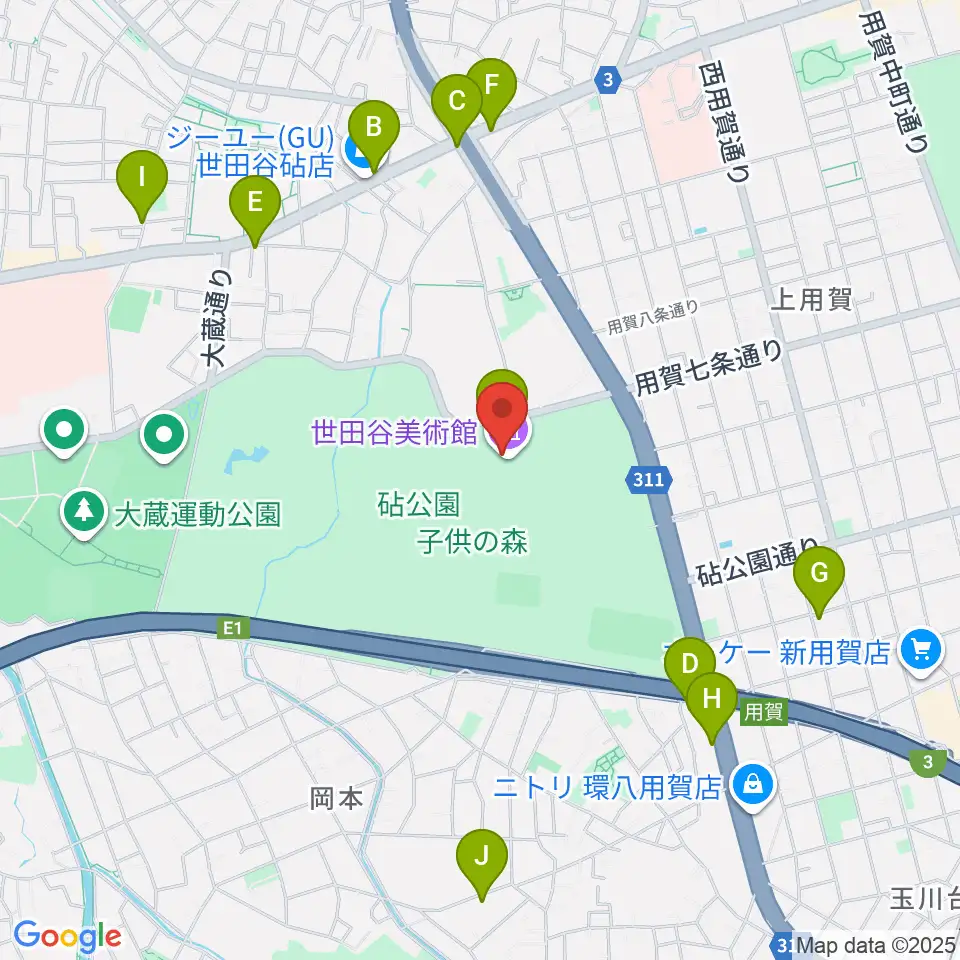 世田谷美術館周辺のカフェ一覧地図