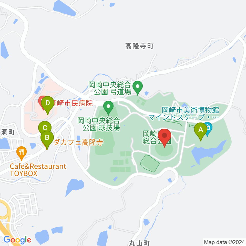 岡崎レッドダイヤモンドスタジアム周辺のカフェ一覧地図