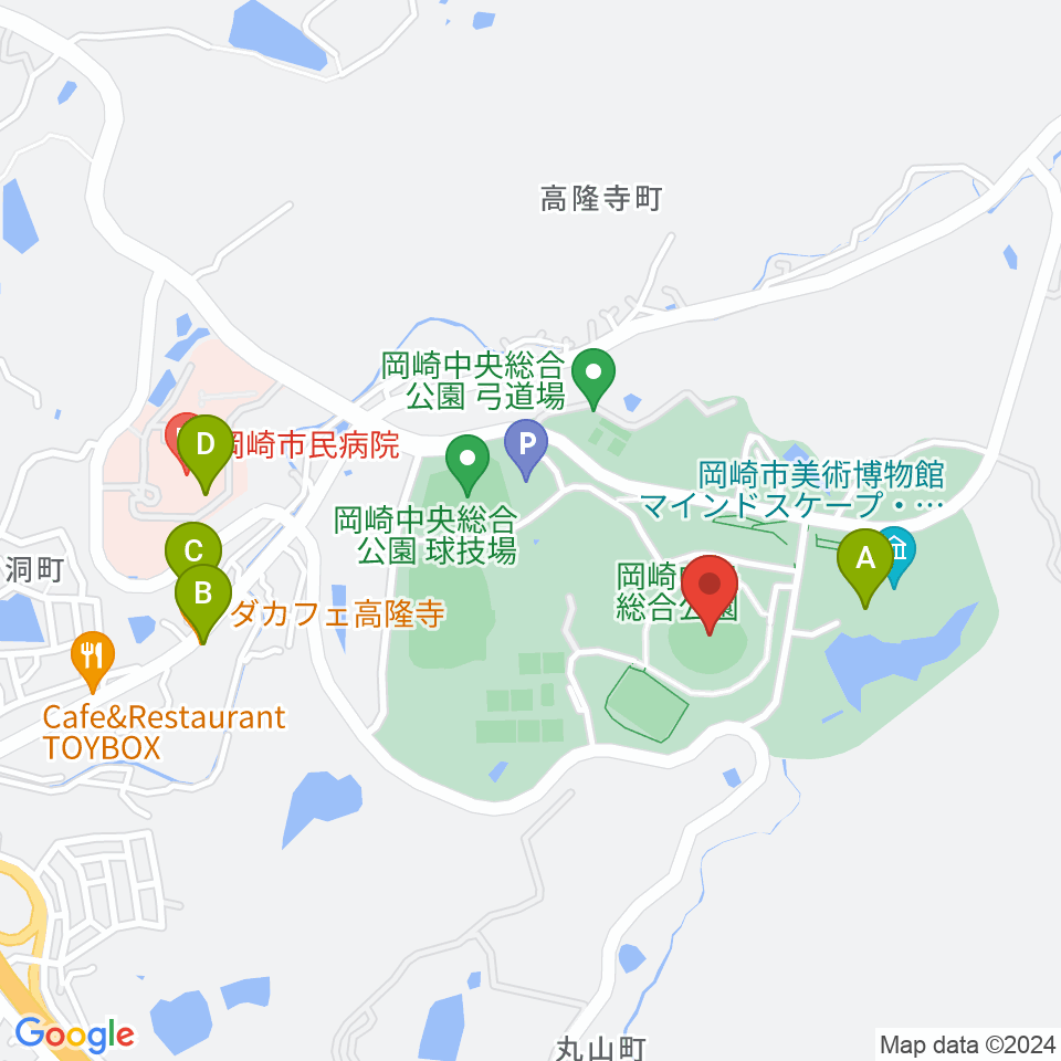 岡崎レッドダイヤモンドスタジアム周辺のカフェ一覧地図