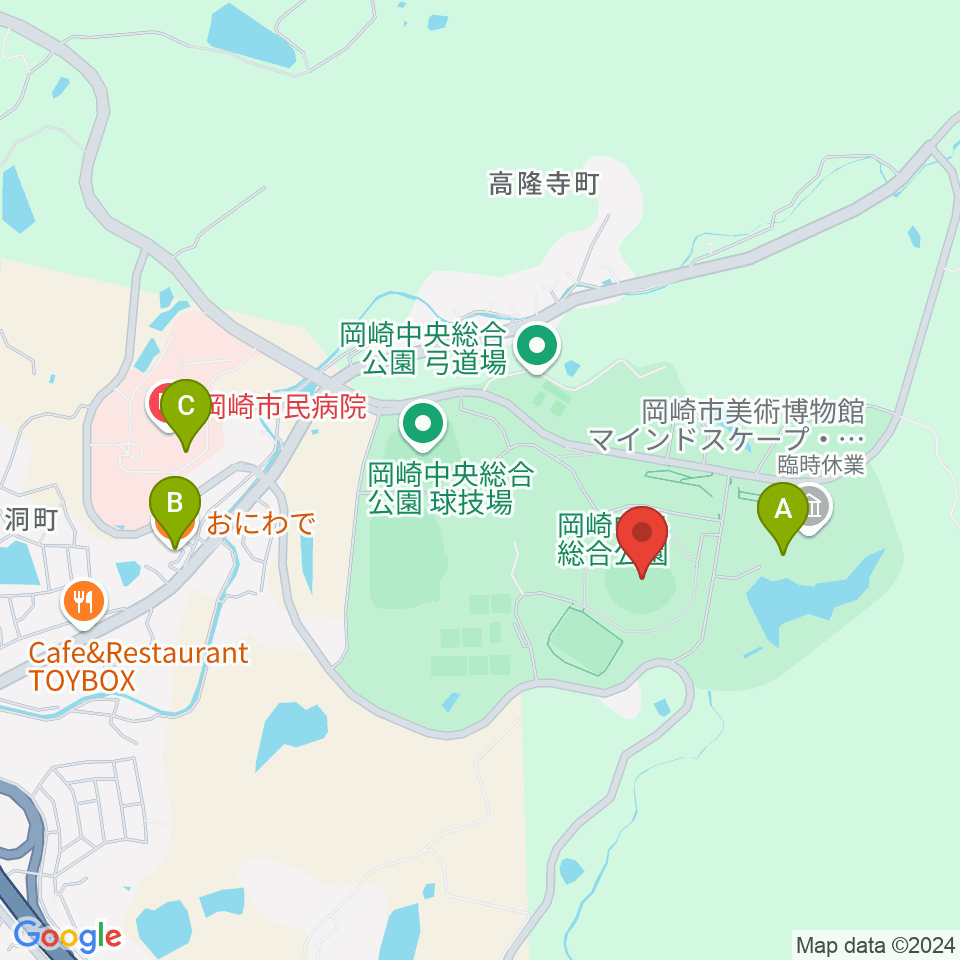 岡崎レッドダイヤモンドスタジアム周辺のカフェ一覧地図