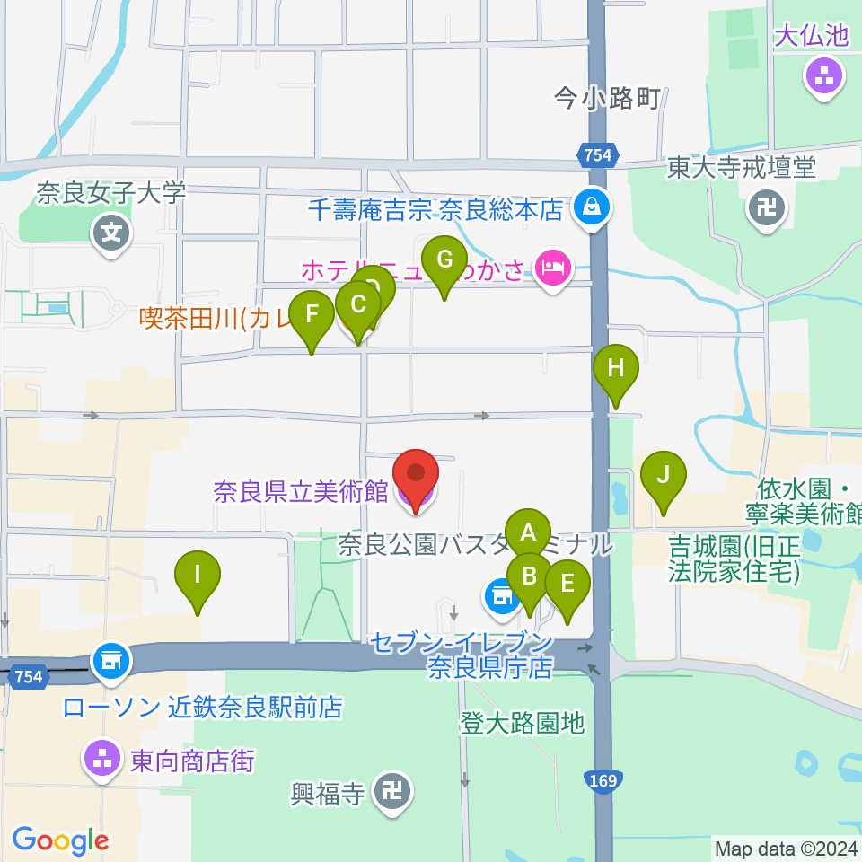 奈良県立美術館周辺のカフェ一覧地図