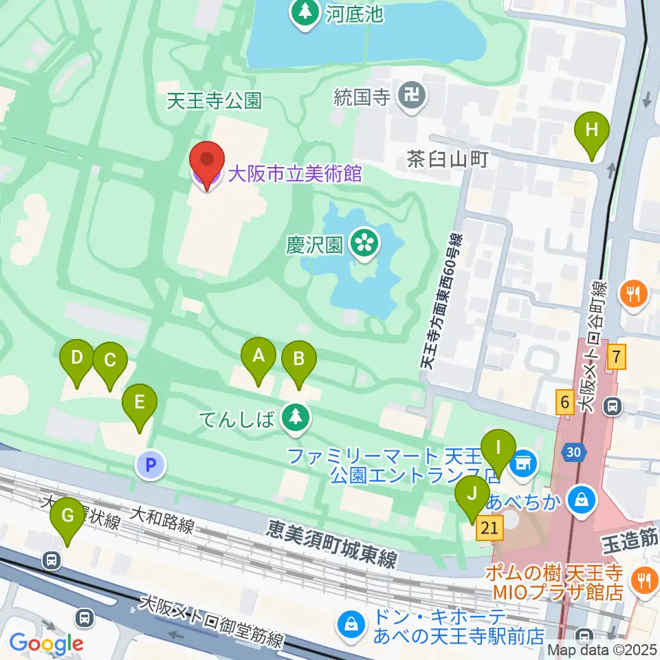 大阪市立美術館周辺のカフェ一覧地図