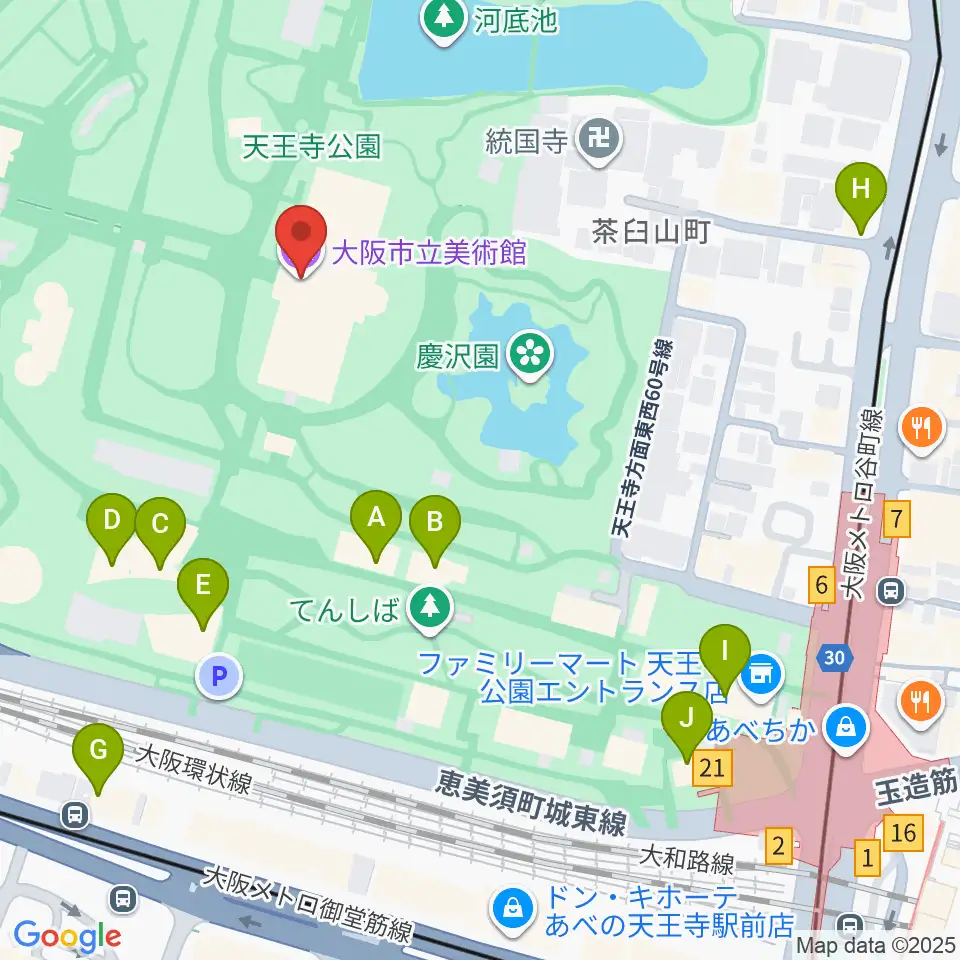 大阪市立美術館周辺のカフェ一覧地図