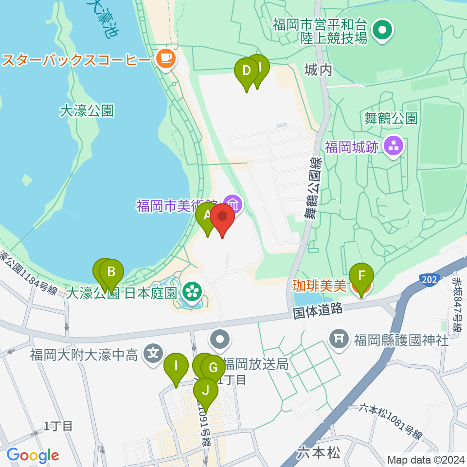 福岡市美術館周辺のカフェ一覧地図