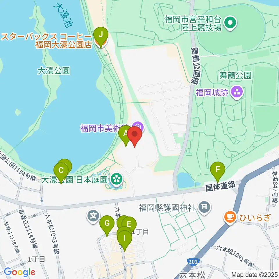 福岡市美術館周辺のカフェ一覧地図