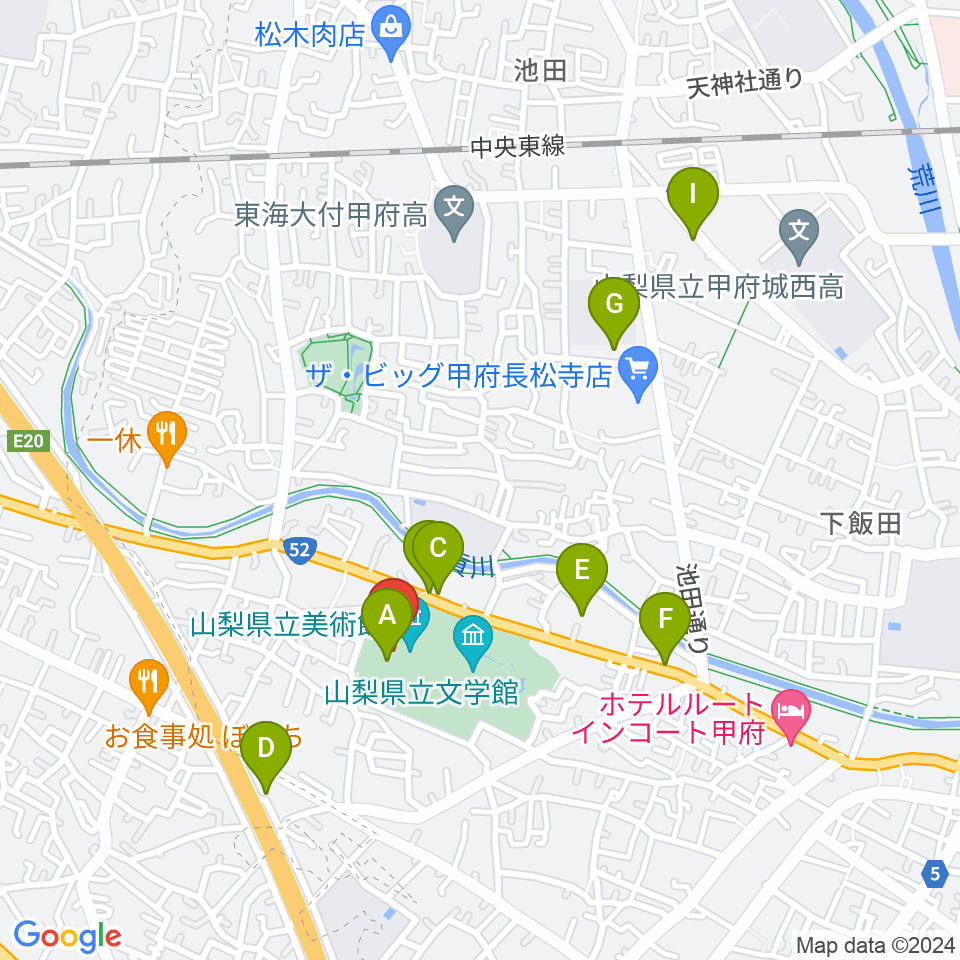 山梨県立美術館周辺のカフェ一覧地図