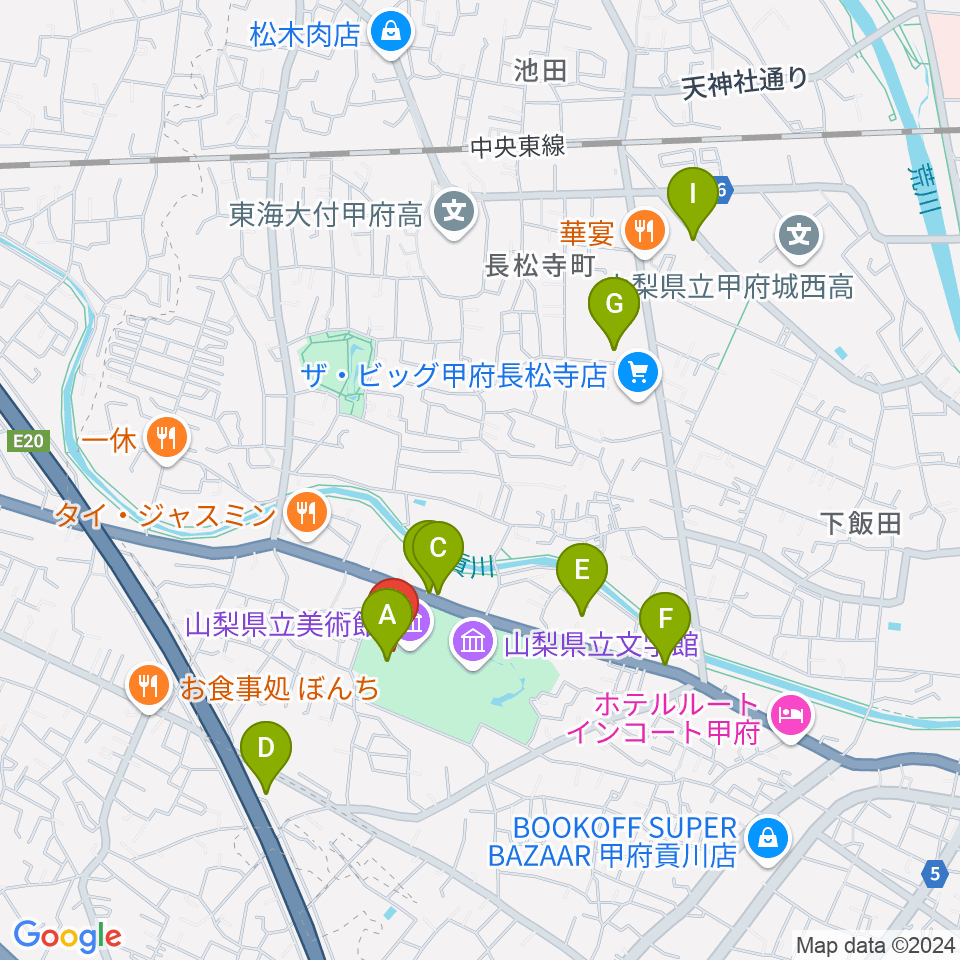 山梨県立美術館周辺のカフェ一覧地図