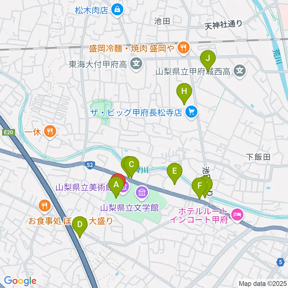 山梨県立美術館周辺のカフェ一覧地図