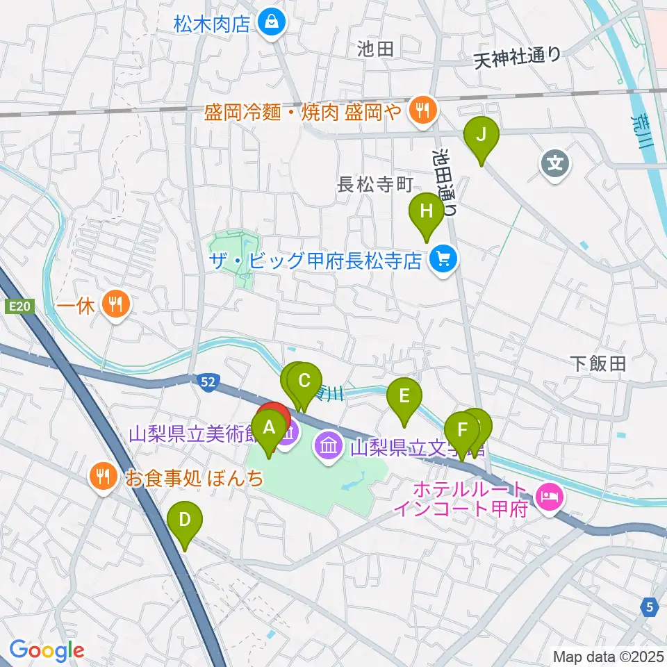 山梨県立美術館周辺のカフェ一覧地図