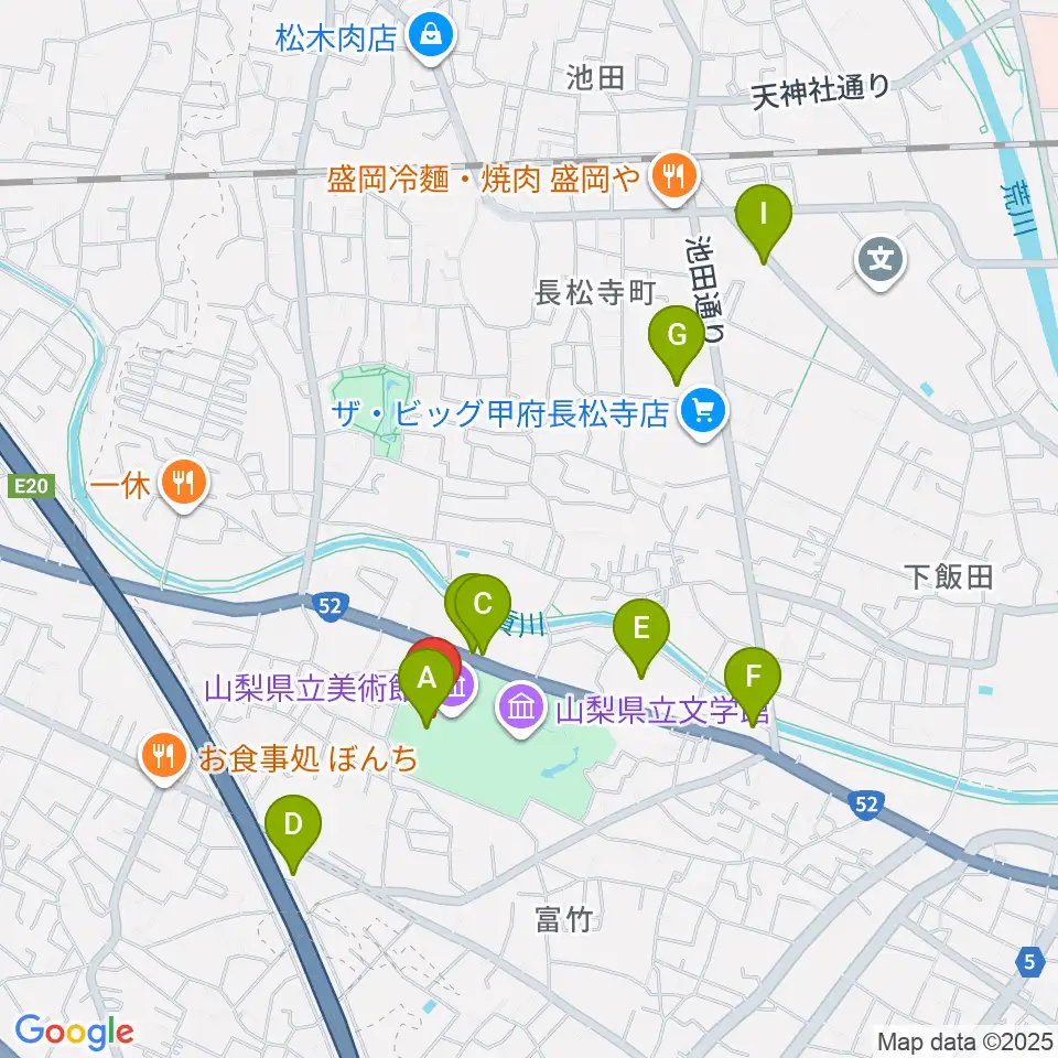 山梨県立美術館周辺のカフェ一覧地図