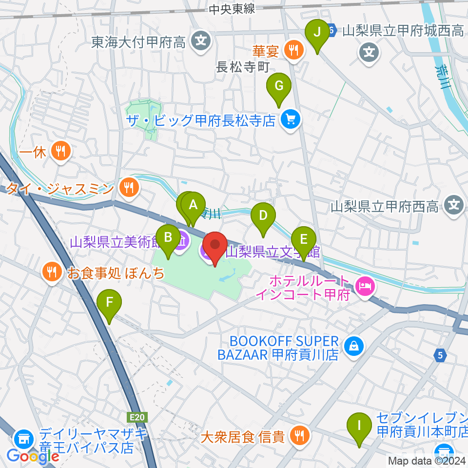 山梨県立文学館周辺のカフェ一覧地図