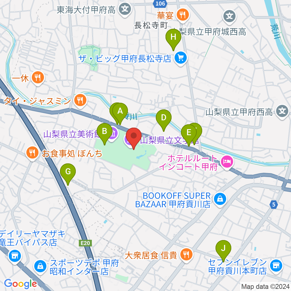 山梨県立文学館周辺のカフェ一覧地図