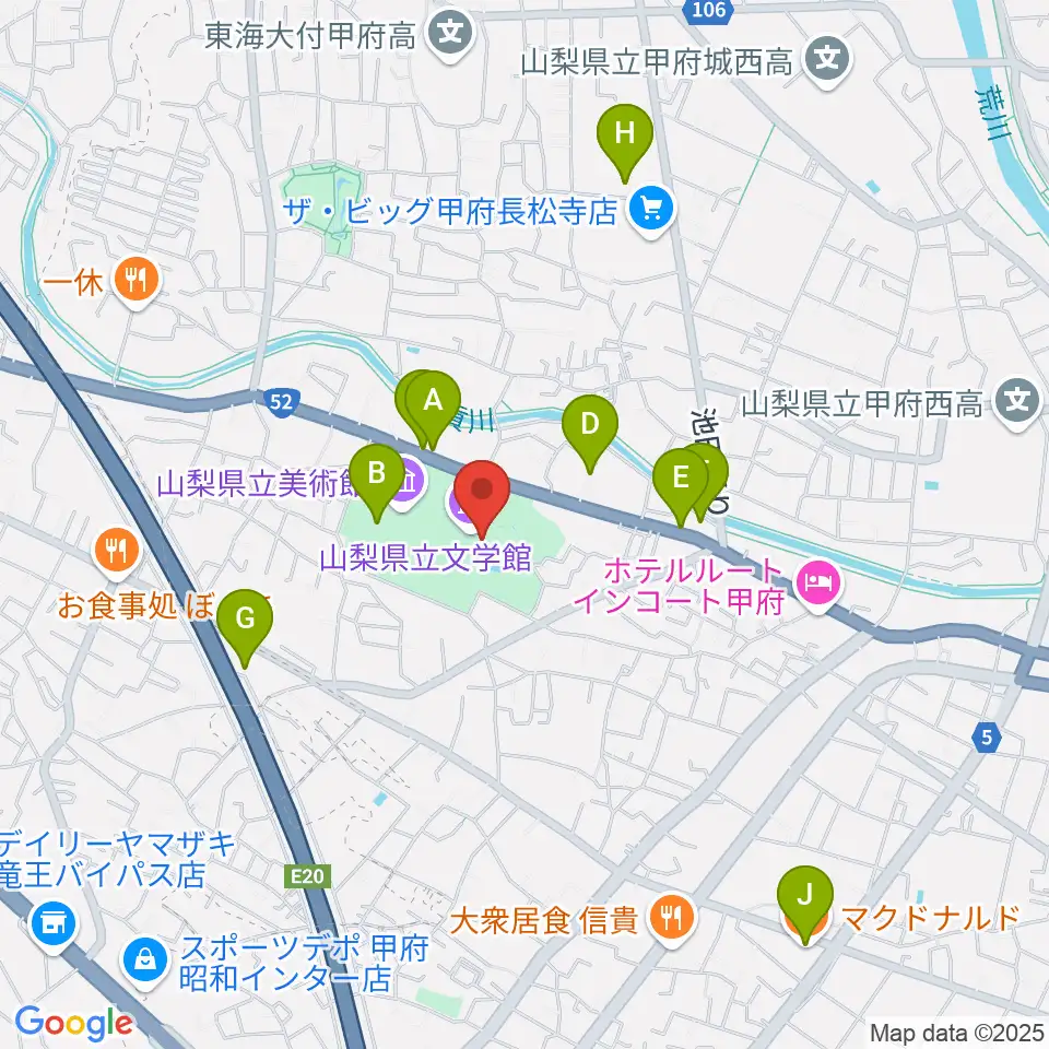 山梨県立文学館周辺のカフェ一覧地図
