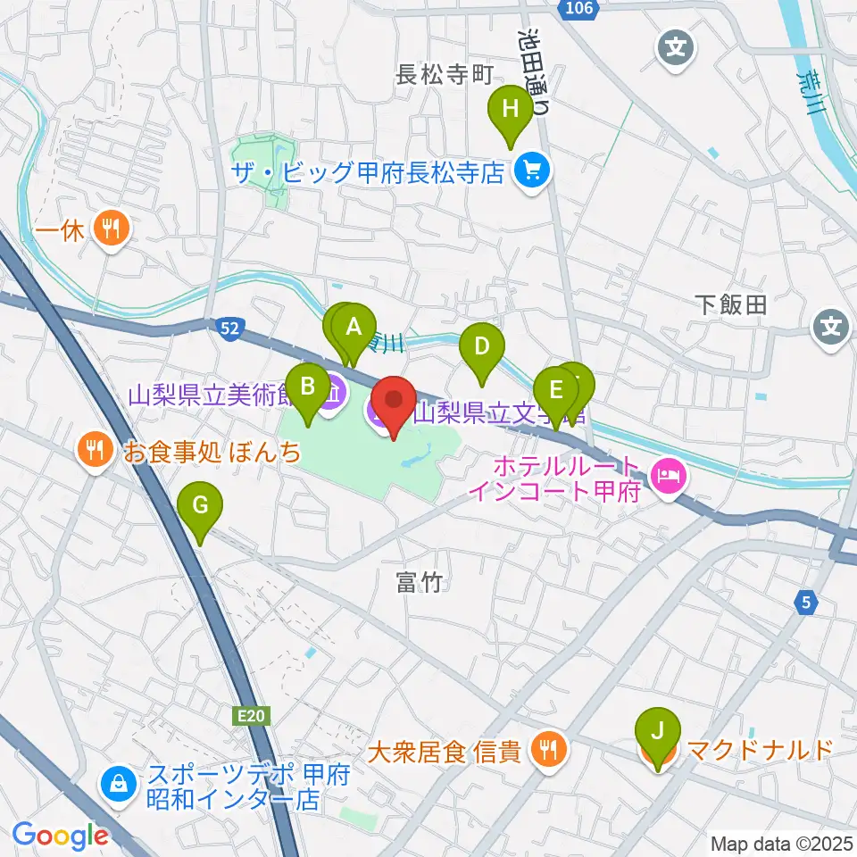 山梨県立文学館周辺のカフェ一覧地図