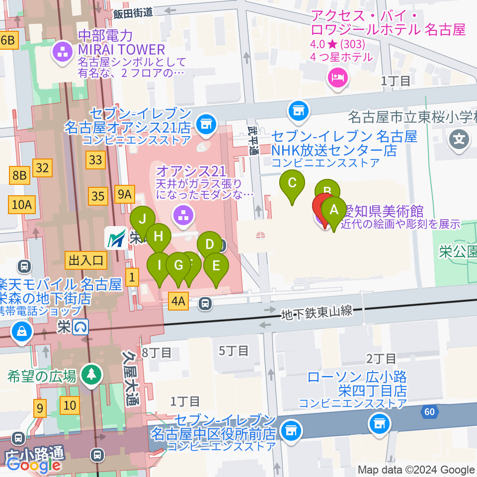 愛知県美術館周辺のカフェ一覧地図