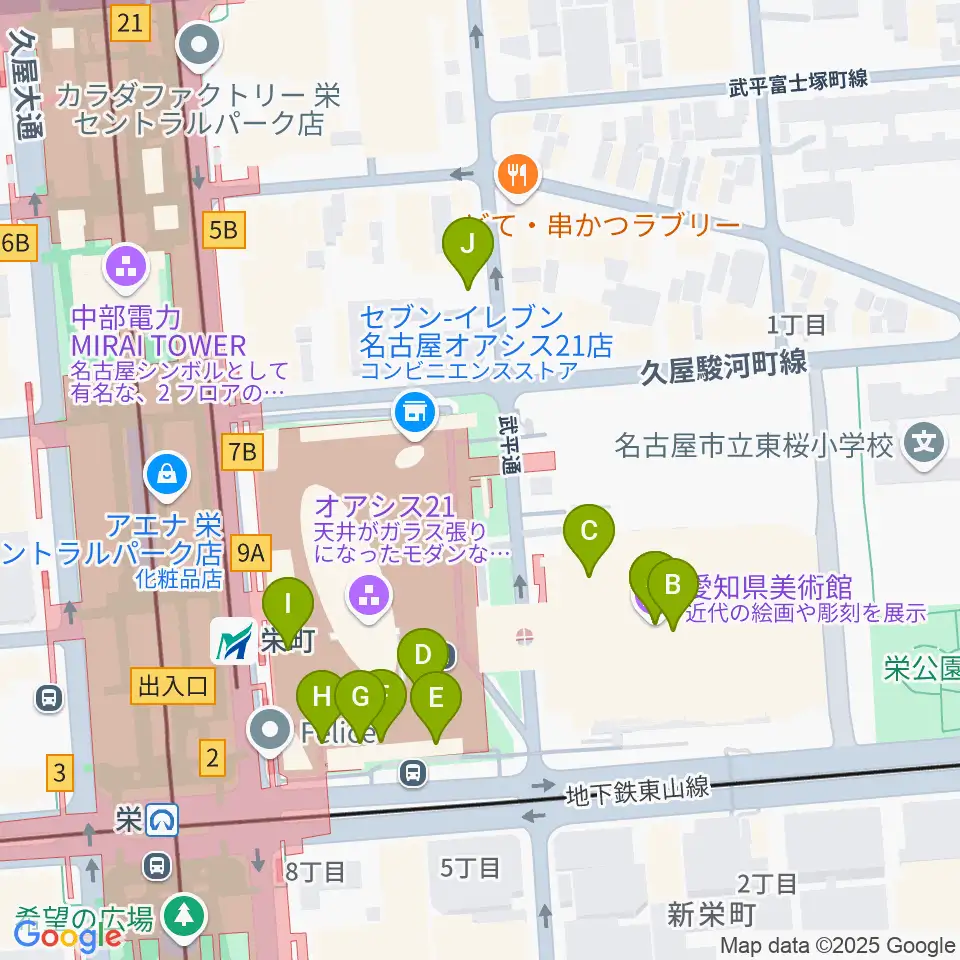 愛知県美術館周辺のカフェ一覧地図