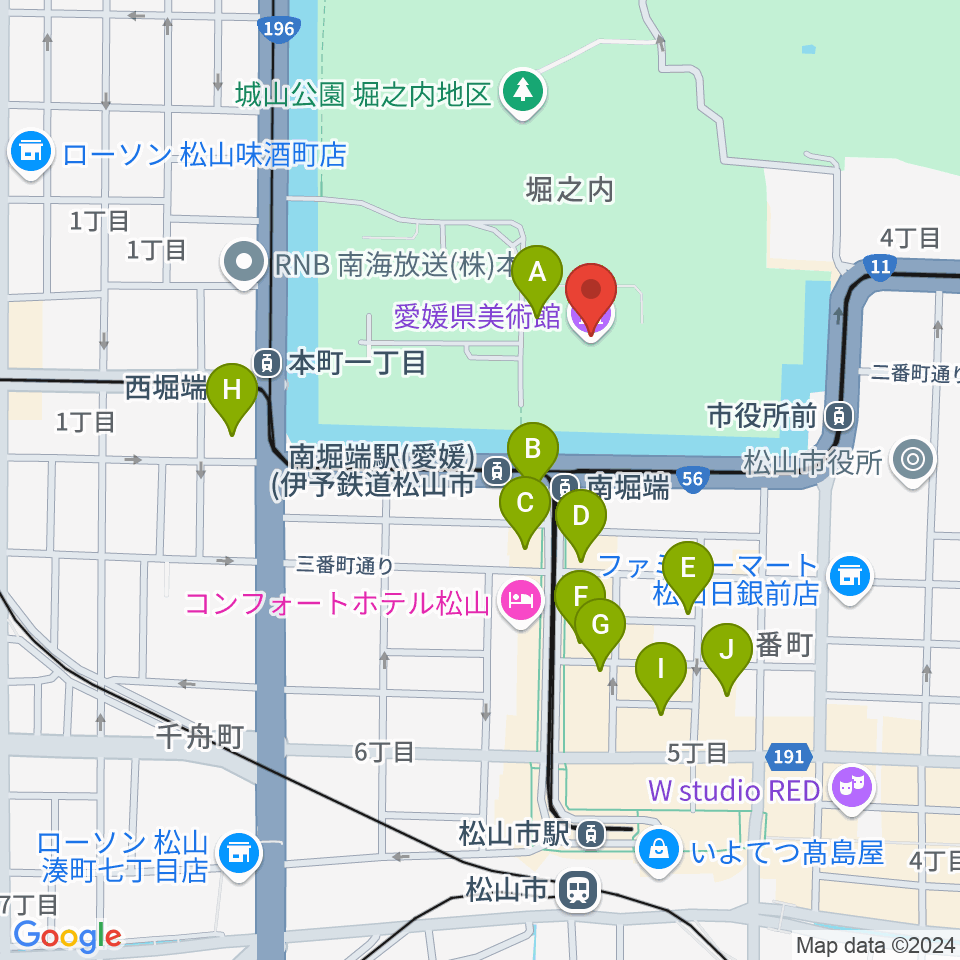 愛媛県美術館周辺のカフェ一覧地図