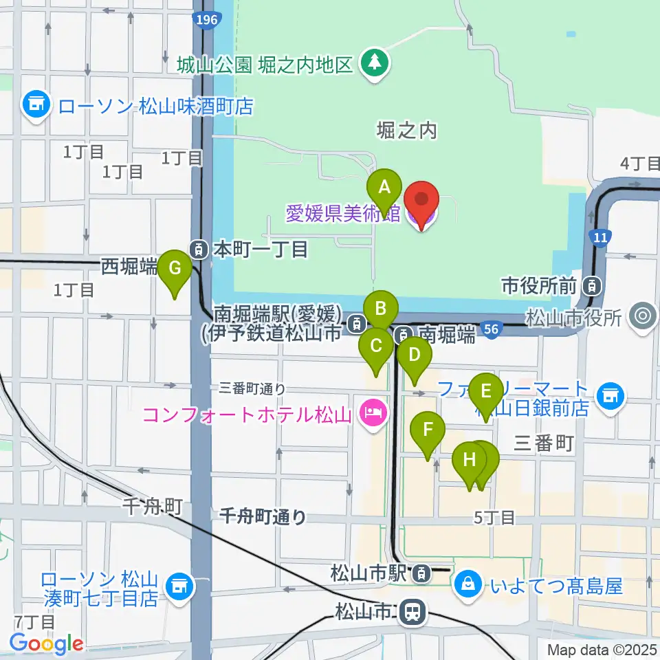 愛媛県美術館周辺のカフェ一覧地図