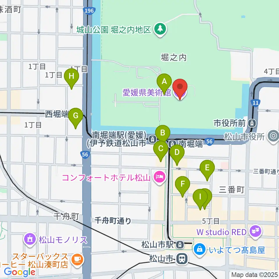 愛媛県美術館周辺のカフェ一覧地図