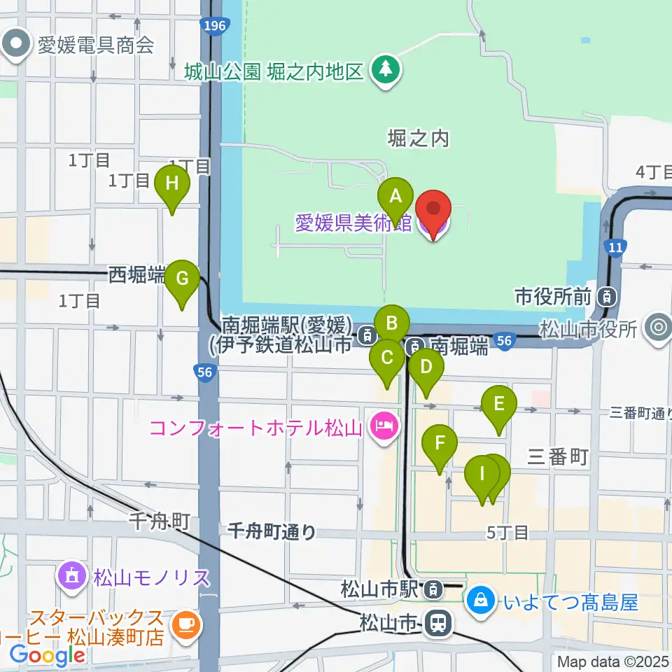 愛媛県美術館周辺のカフェ一覧地図