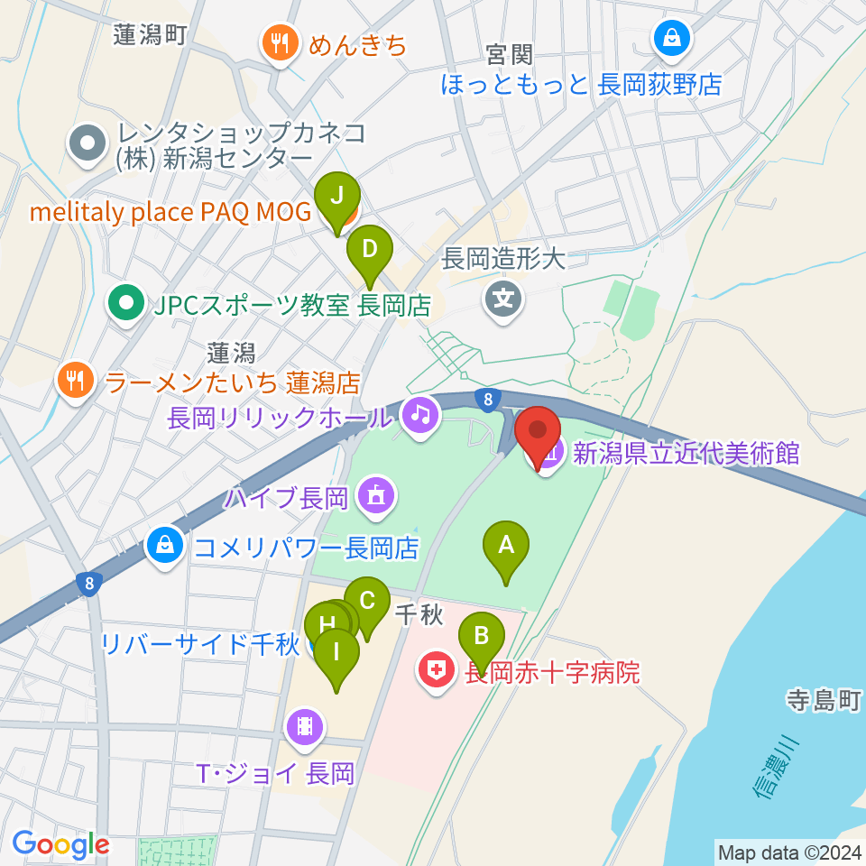 新潟県立近代美術館周辺のカフェ一覧地図