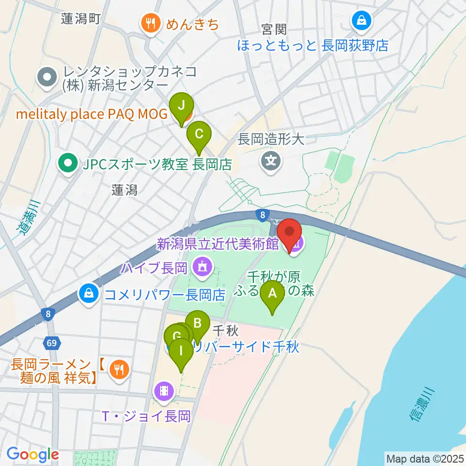 新潟県立近代美術館周辺のカフェ一覧地図