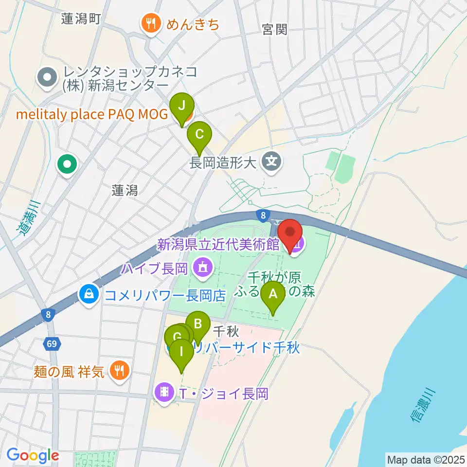 新潟県立近代美術館周辺のカフェ一覧地図