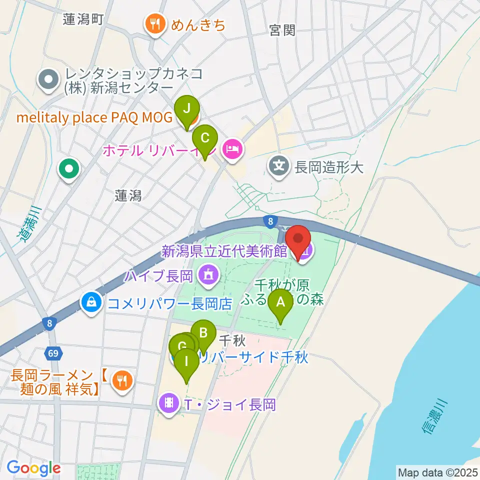 新潟県立近代美術館周辺のカフェ一覧地図
