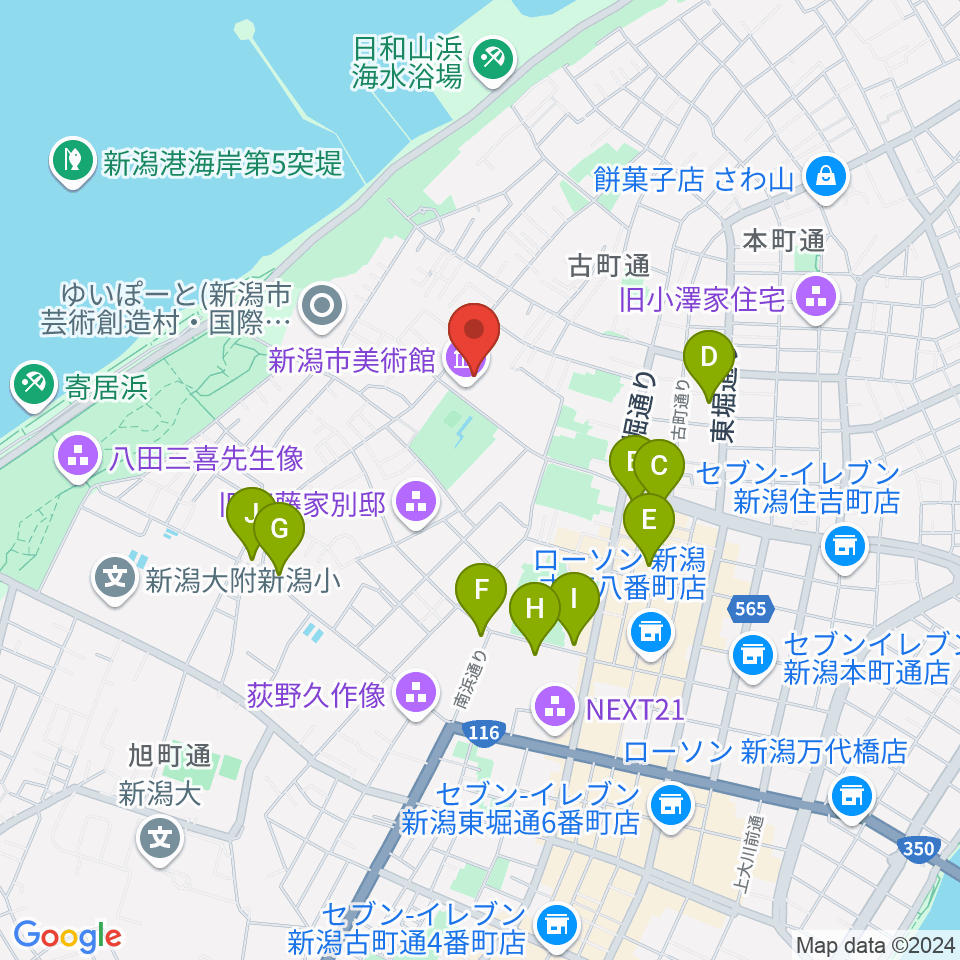 新潟市美術館周辺のカフェ一覧地図