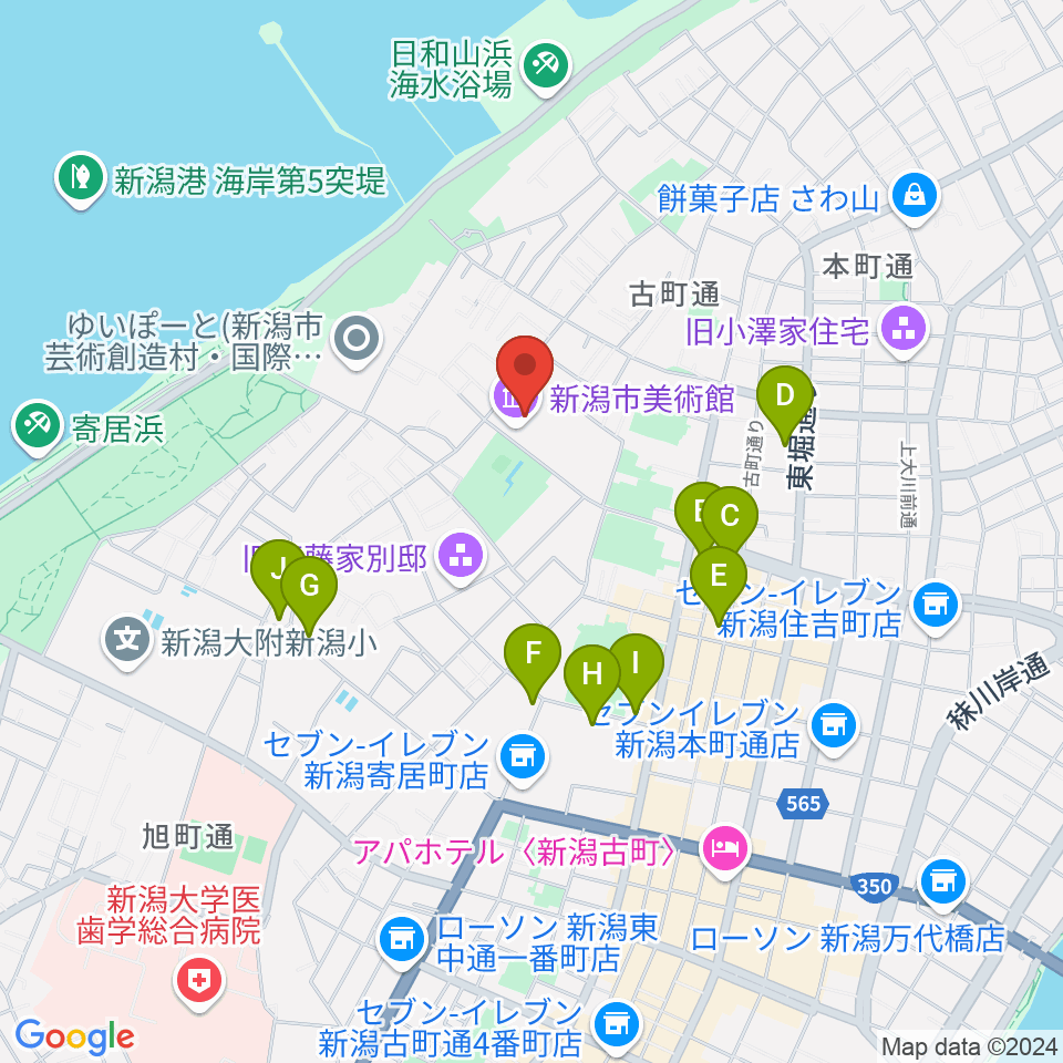 新潟市美術館周辺のカフェ一覧地図