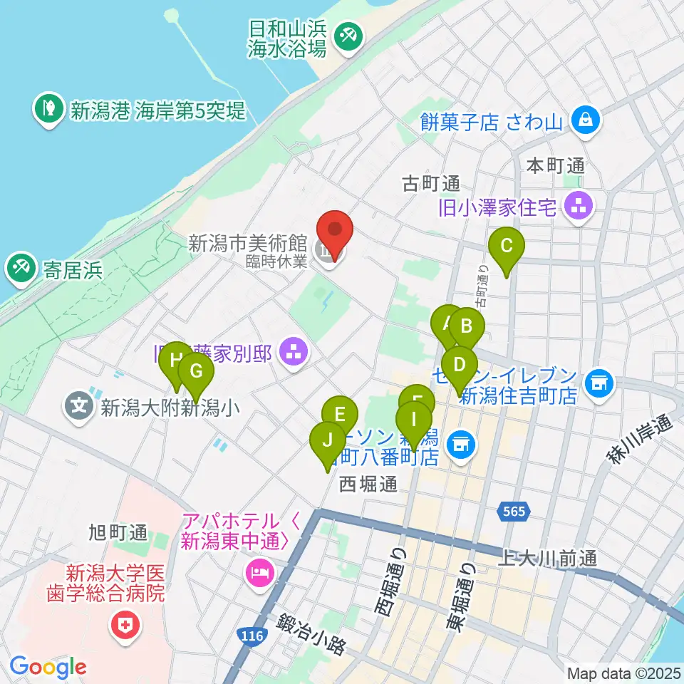 新潟市美術館周辺のカフェ一覧地図