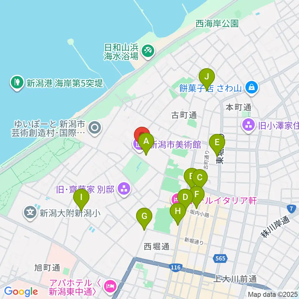 新潟市美術館周辺のカフェ一覧地図