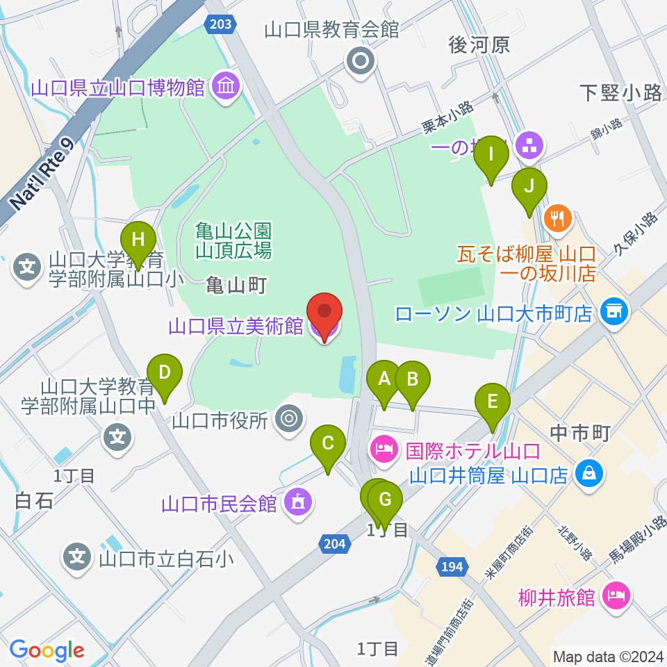 山口県立美術館周辺のカフェ一覧地図