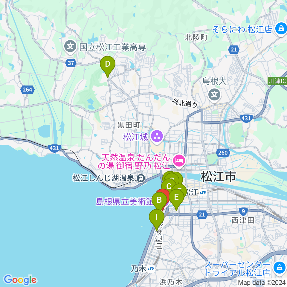 島根県立美術館周辺のカフェ一覧地図