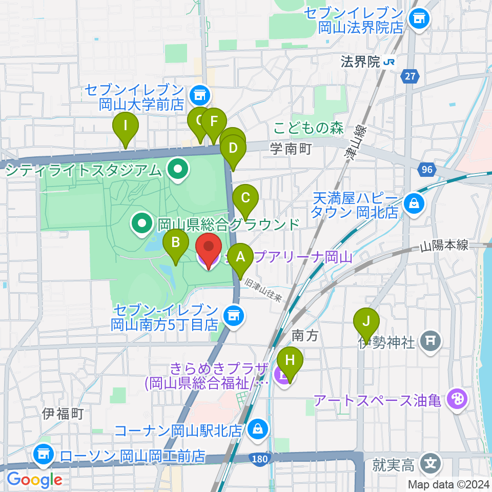 ジップアリーナ岡山周辺のカフェ一覧地図