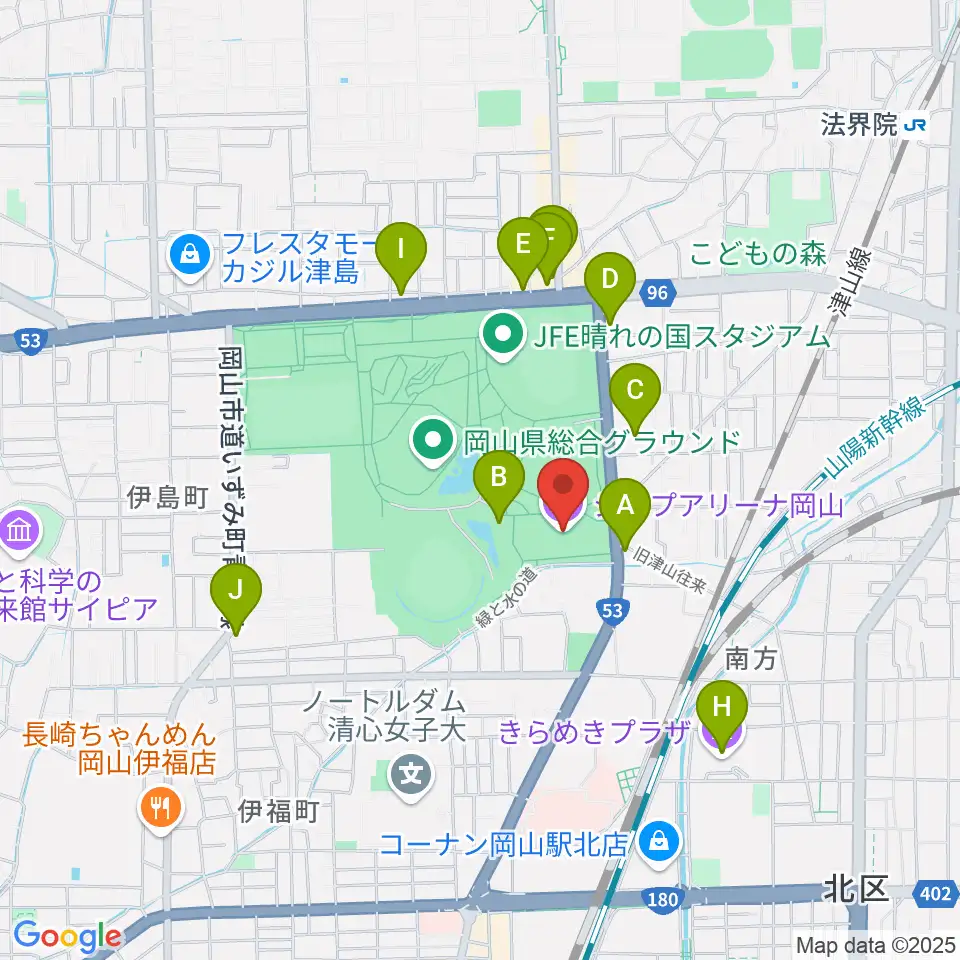 ジップアリーナ岡山周辺のカフェ一覧地図