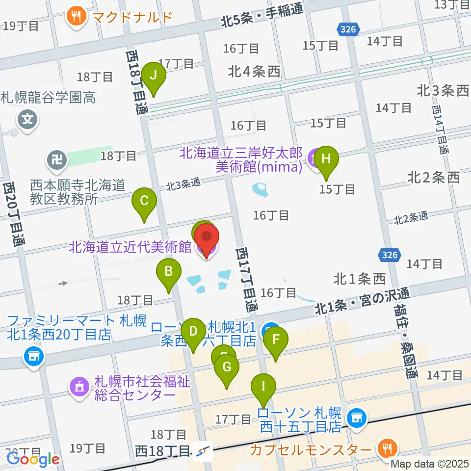 北海道立近代美術館周辺のカフェ一覧地図