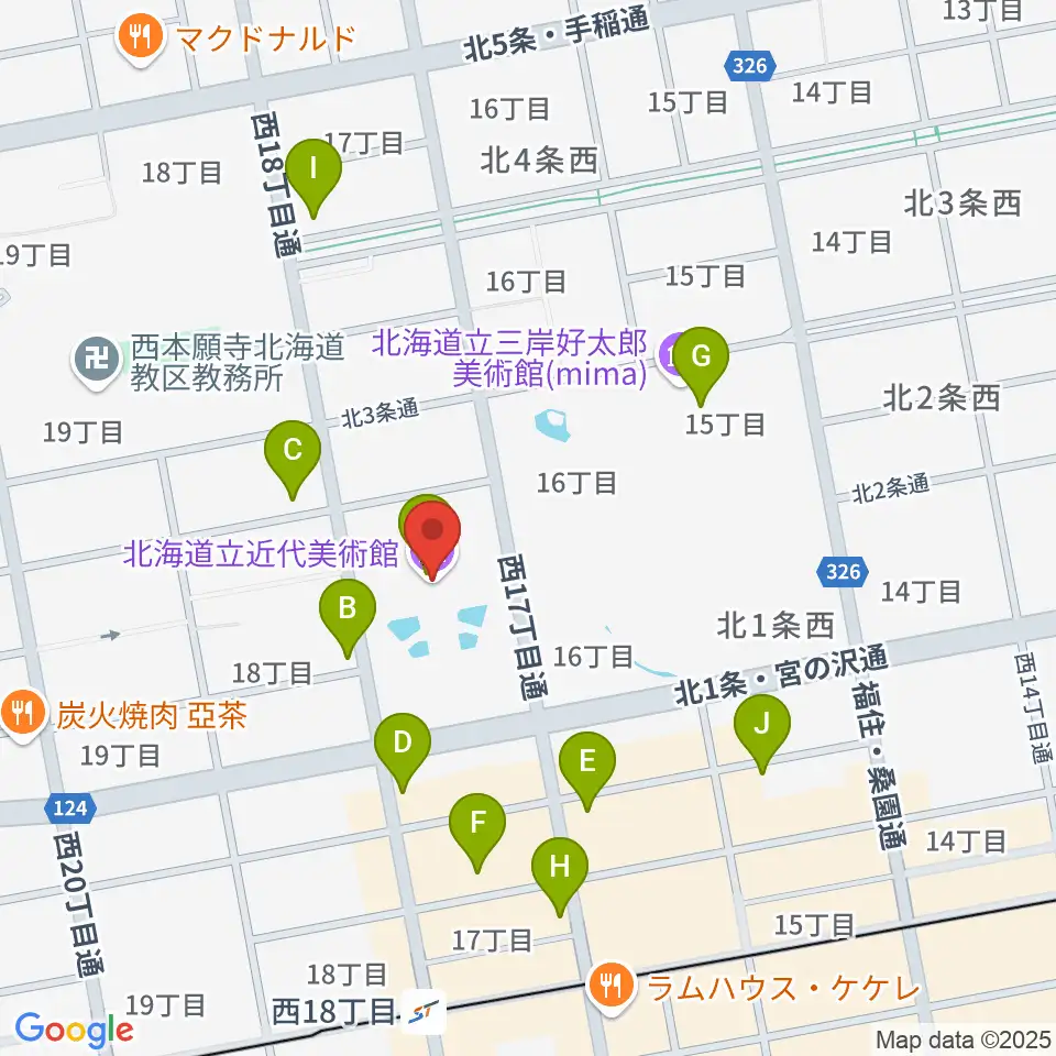 北海道立近代美術館周辺のカフェ一覧地図