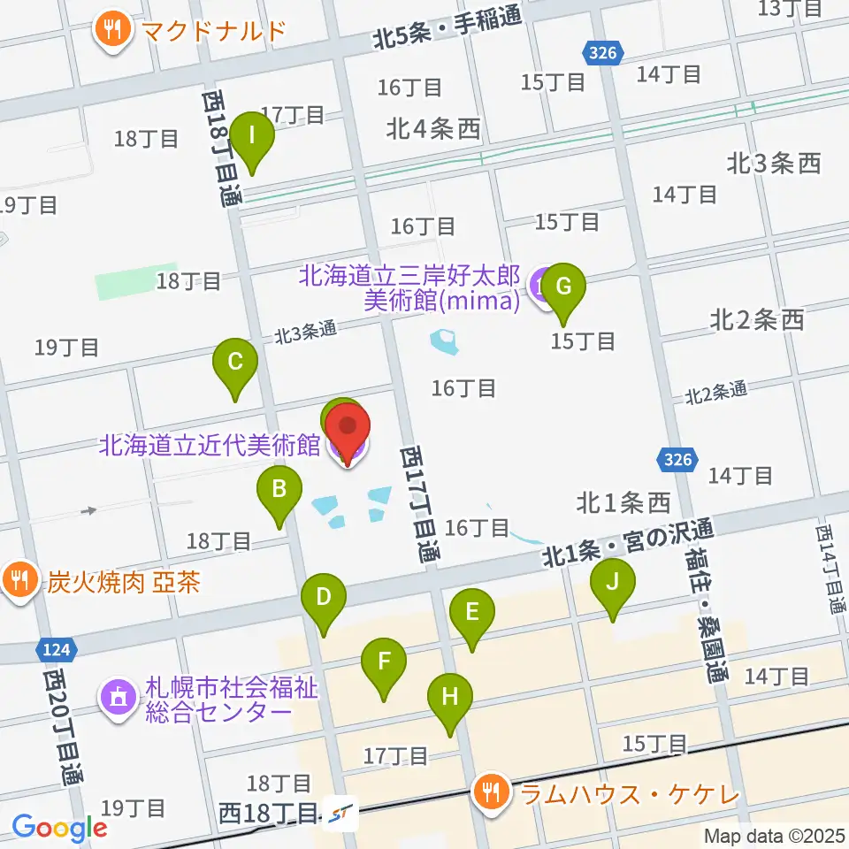 北海道立近代美術館周辺のカフェ一覧地図