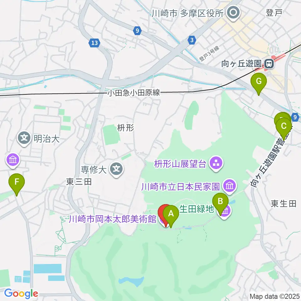 川崎市岡本太郎美術館周辺のカフェ一覧地図