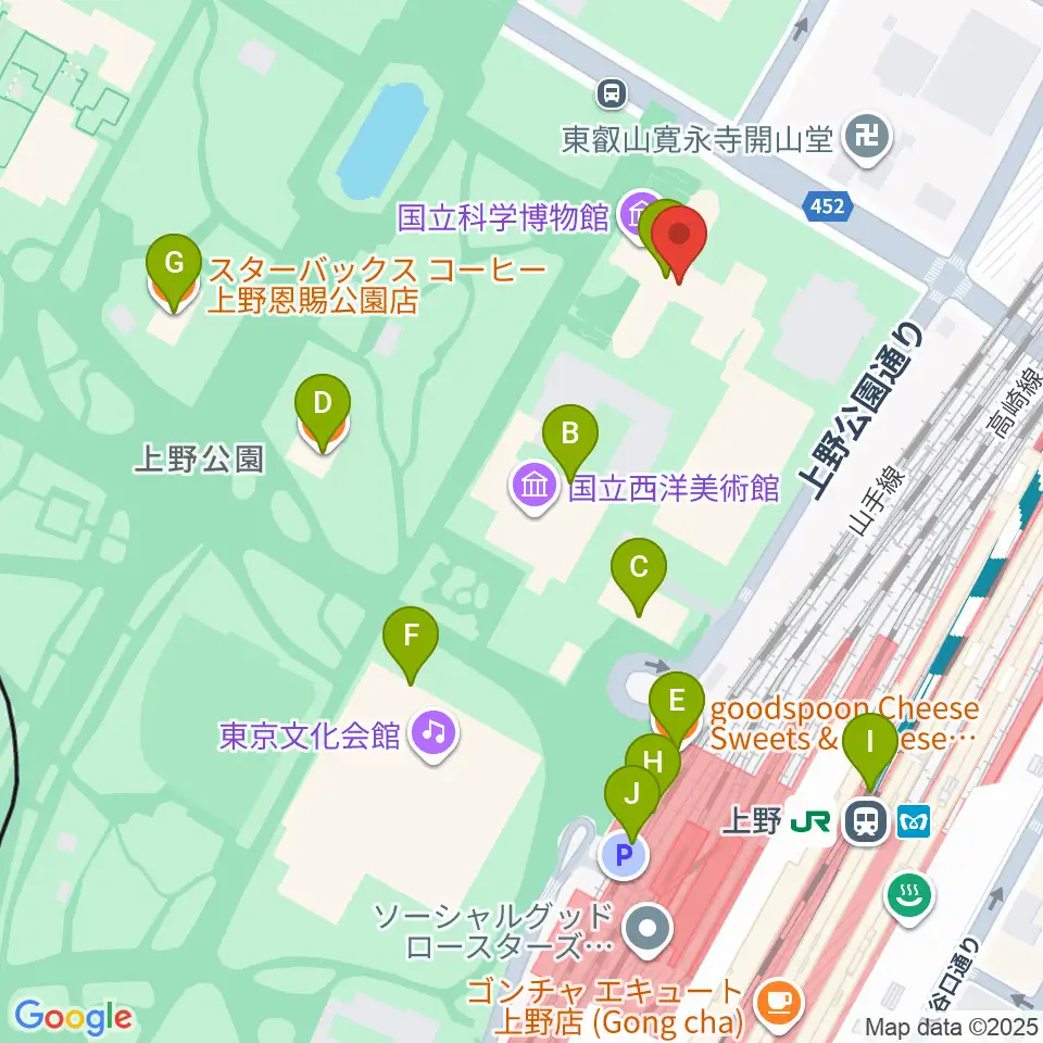 国立科学博物館周辺のカフェ一覧地図