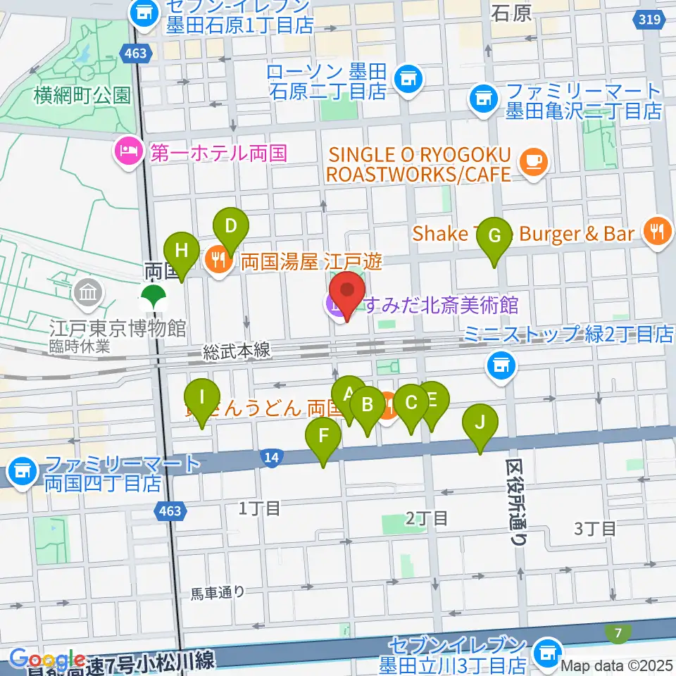 すみだ北斎美術館周辺のカフェ一覧地図