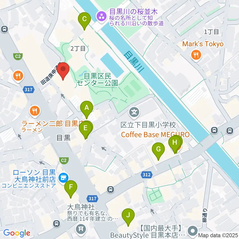 目黒区美術館周辺のカフェ一覧地図