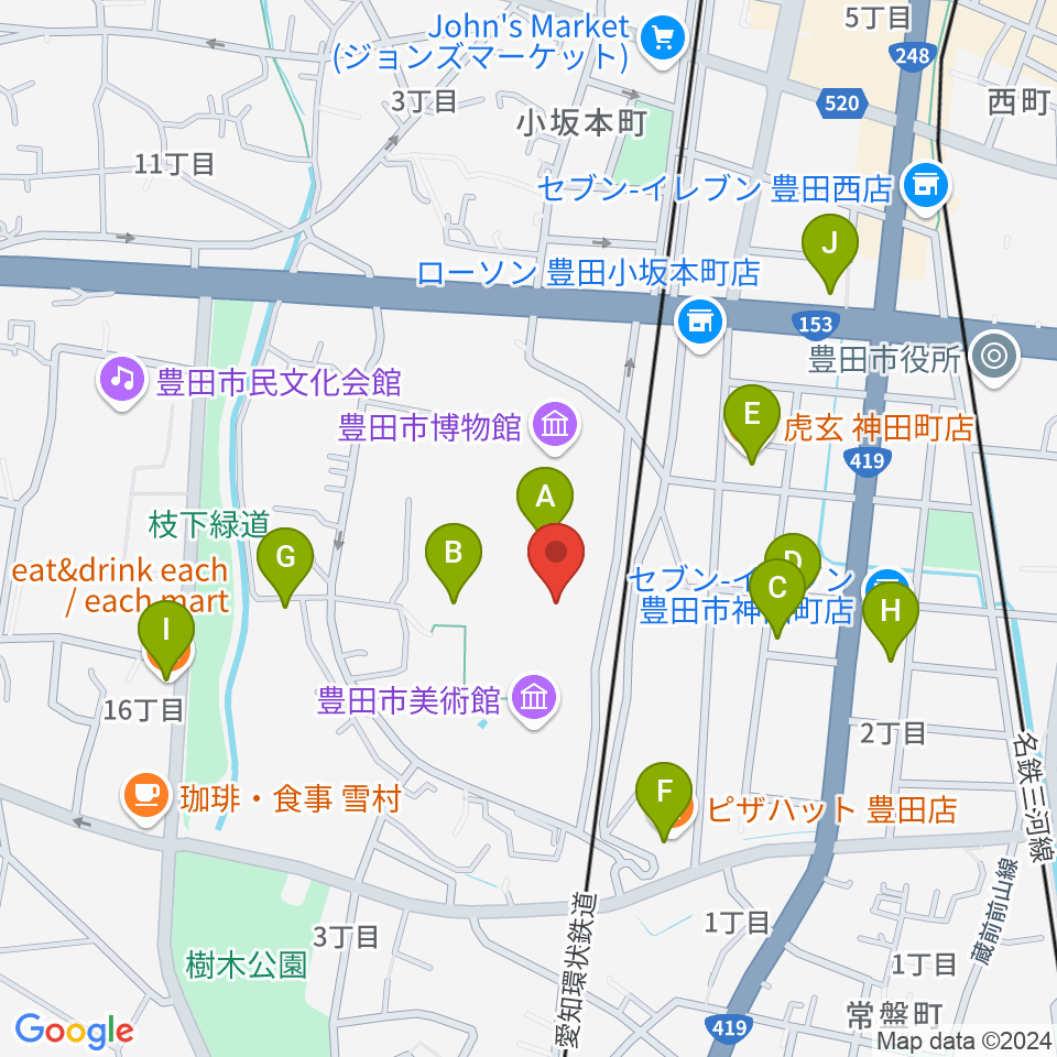 豊田市美術館周辺のカフェ一覧地図