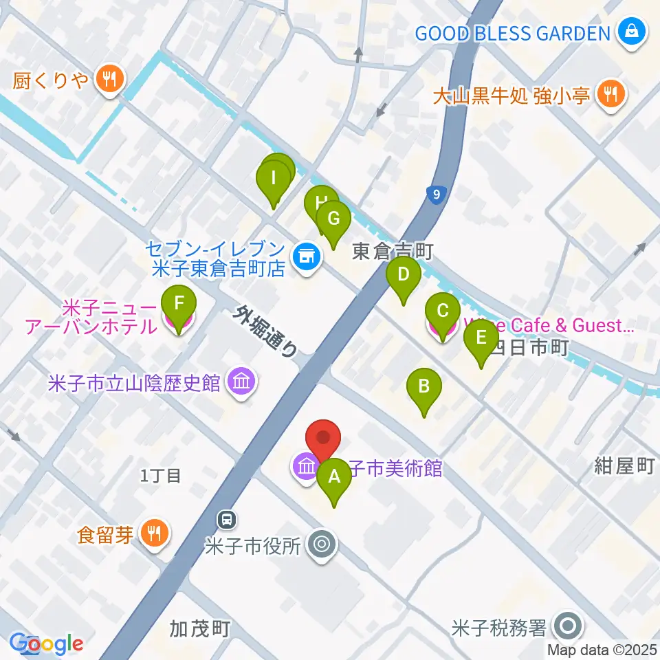 米子市美術館周辺のカフェ一覧地図