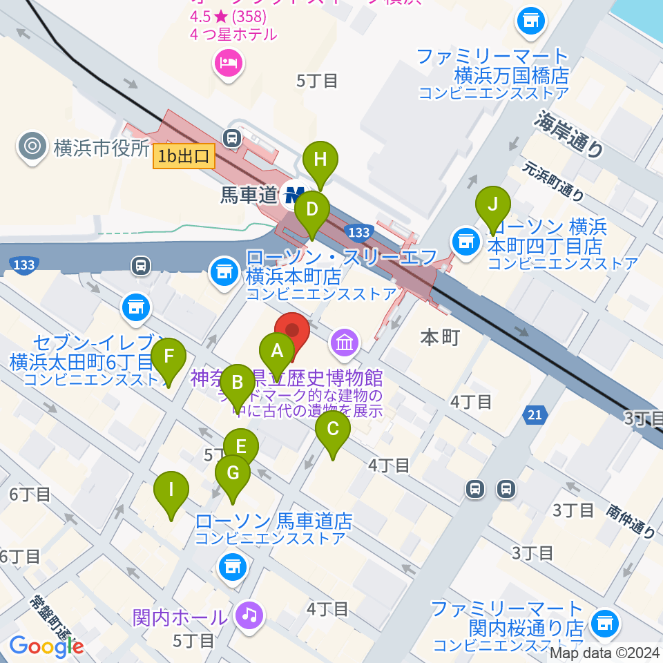 神奈川県立歴史博物館周辺のカフェ一覧地図