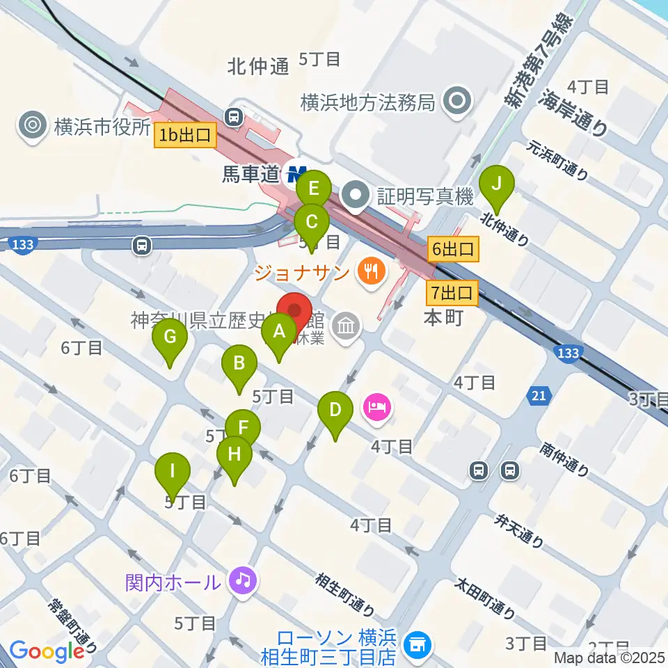 神奈川県立歴史博物館周辺のカフェ一覧地図